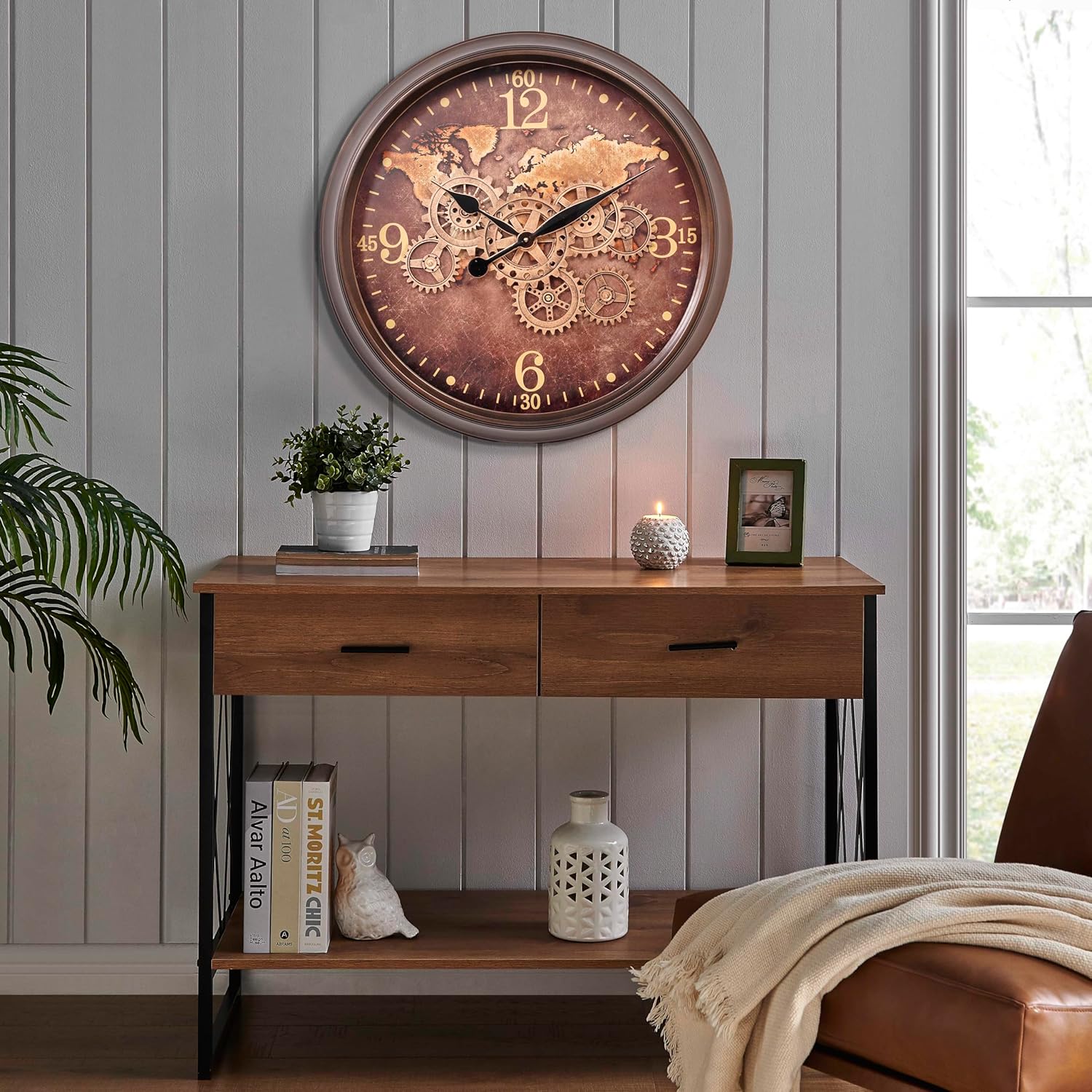 CLXEAST Mid Century Minimalist Modern Wall Clocks,24 Inch Wall Clock with Moving Gears, Large Cream Gold Wall Clocks for Living Room Decor,House Warming Gifts New Home