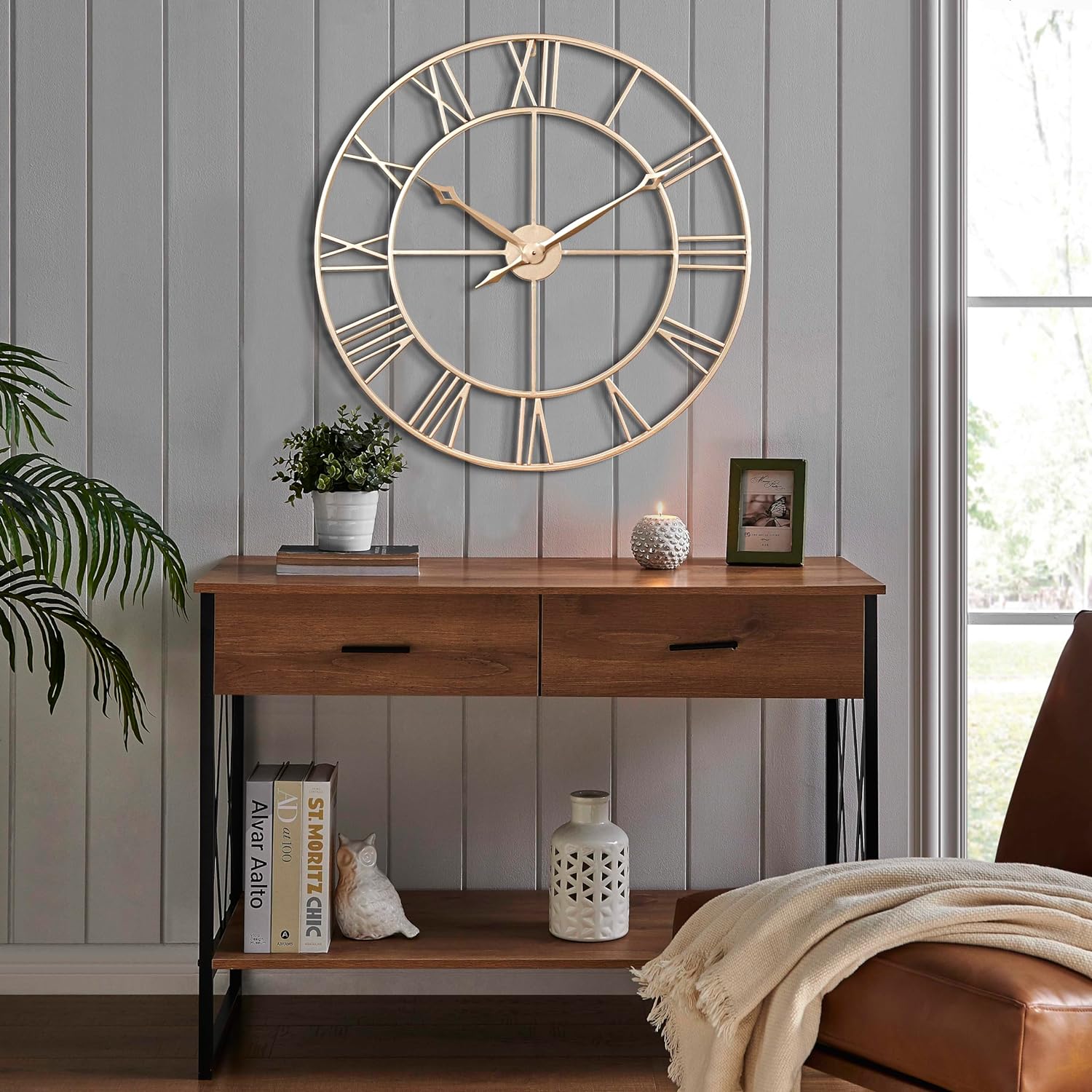 CLXEAST 30 Inch Wall Clock,Large Champagne Gold Metal Roman Numeral Wall Clock, Modern Wall Clocks for Living Room Decor
