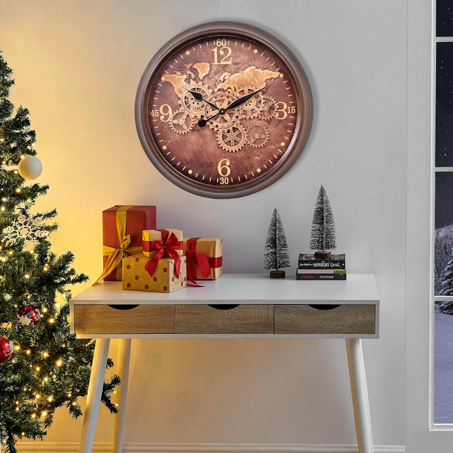 CLXEAST Mid Century Minimalist Modern Wall Clocks,24 Inch Wall Clock with Moving Gears, Large Cream Gold Wall Clocks for Living Room Decor,House Warming Gifts New Home