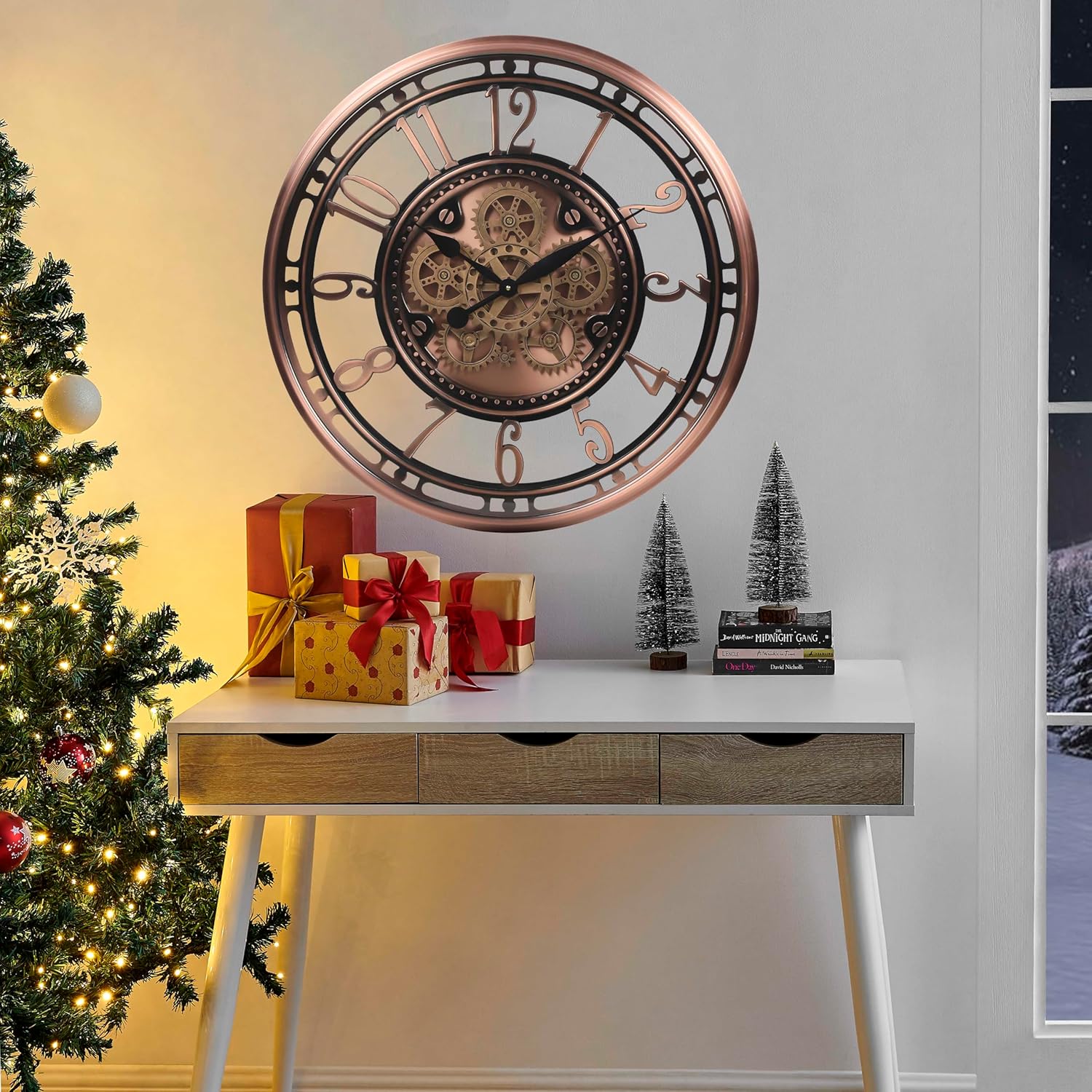 CLXEAST 28 Inch Oversized Large Moving Gear Wall Clock for Living Room Decor, Modern Farmhouse Decorative Wall Clocks Battery Operated,Rose Gold,House Warming Gifts New Home