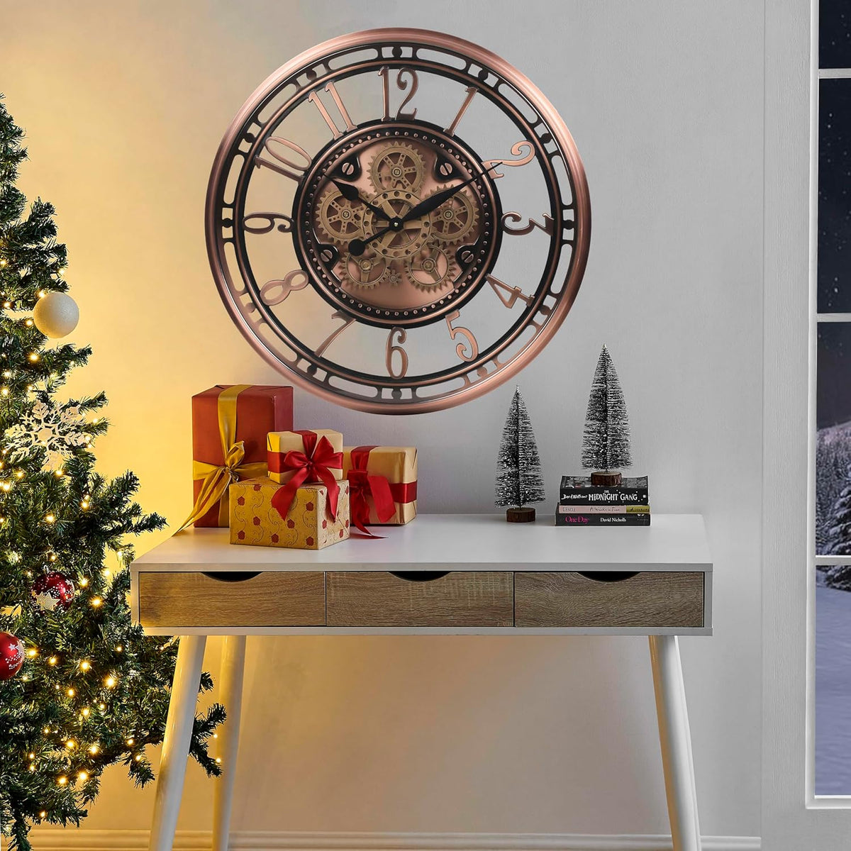 CLXEAST 28 Inch Oversized Large Moving Gear Wall Clock for Living Room Decor, Modern Farmhouse Decorative Wall Clocks Battery Operated,Rose Gold,House Warming Gifts New Home
