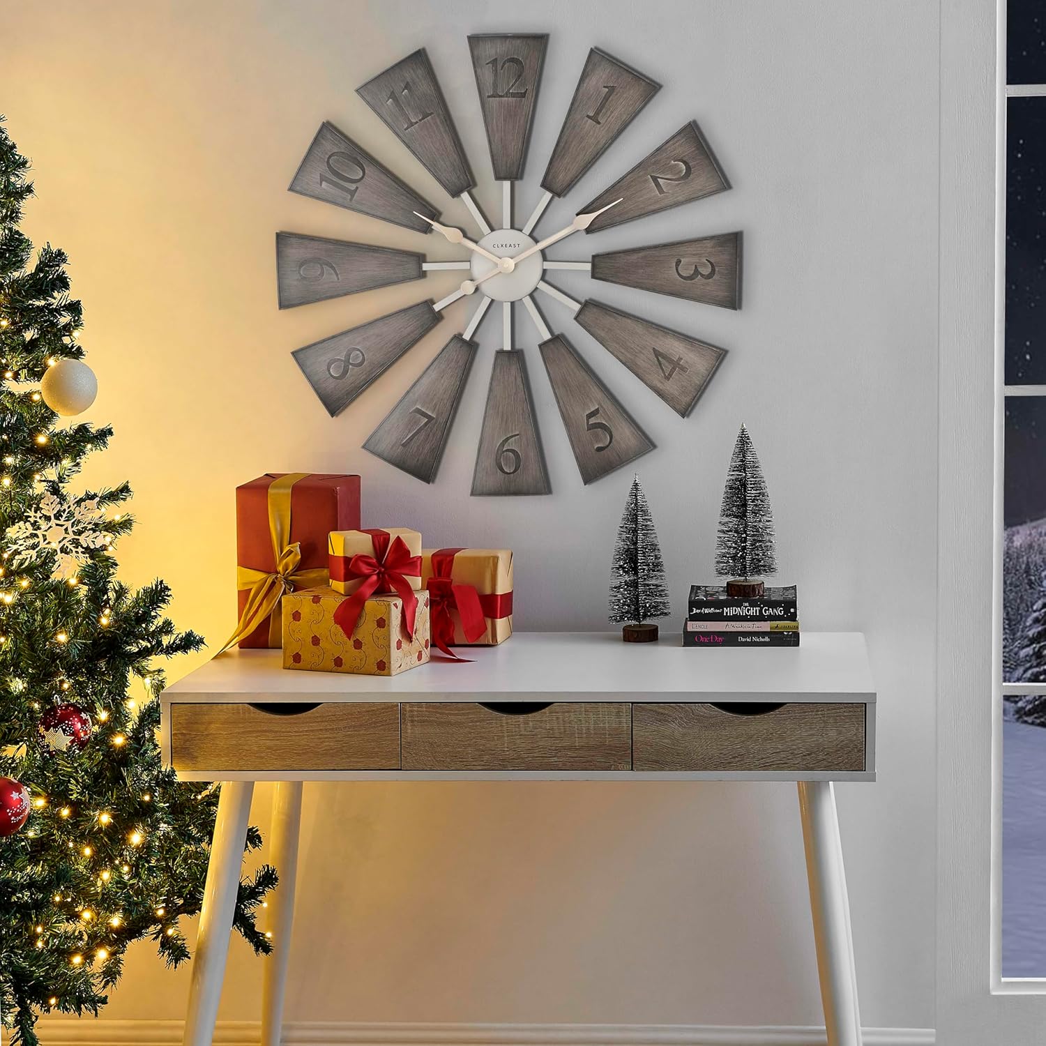 CLXEAST 30 Inch Large Farmhouse DIY Windmill Decor Wall Clock, Adjustable Size 24"/26"/28"/30"/32", 24 Inch Wall Clock for Living Room Decor,Wall Art Decor, Galvanized Plastic