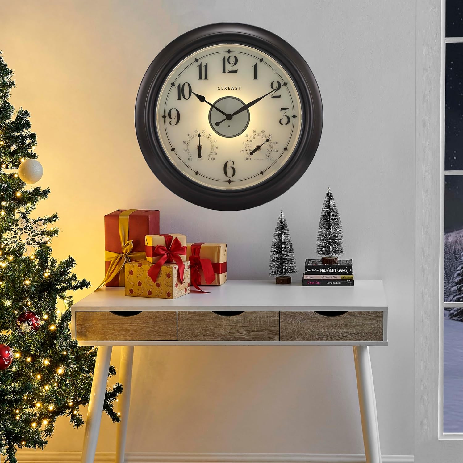 CLXEAST Illuminated Indoor Outdoor Clocks Waterproof 18 inch with Smart Sensor,Large Wall Clock with Thermometer & Hygrometer,Oil Rubbed Bronze Black,Gifts for Women