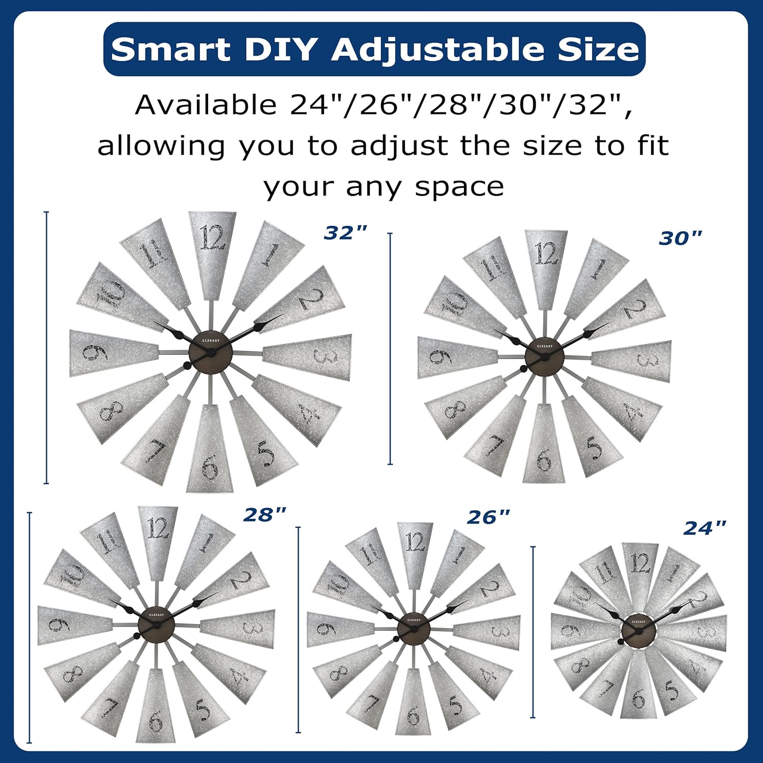 CLXEAST 30 Inch Large Farmhouse DIY Windmill Decor Wall Clock, Adjustable Size 24"/26"/28"/30"/32", 24 Inch Wall Clock for Living Room Decor,Wall Art Decor, Galvanized Plastic