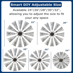 CLXEAST 30 Inch Large Farmhouse DIY Windmill Decor Wall Clock, Adjustable Size 24"/26"/28"/30"/32", 24 Inch Wall Clock for Living Room Decor,Wall Art Decor, Galvanized Plastic