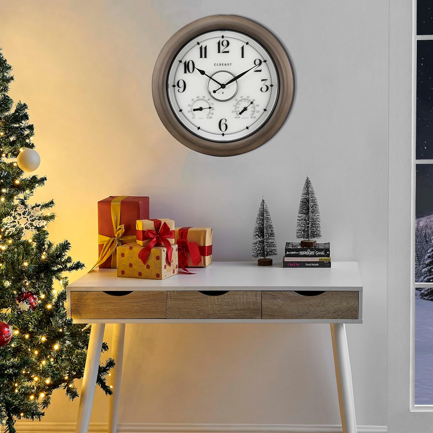 CLXEAST Illuminated Outdoor Clocks Waterproof 18 Inch with Smart Sensor,Large Outdoor Pool Clock with Temperature & Hygrometer,Grey Oak/Faux Barnwood,Gifts for Women