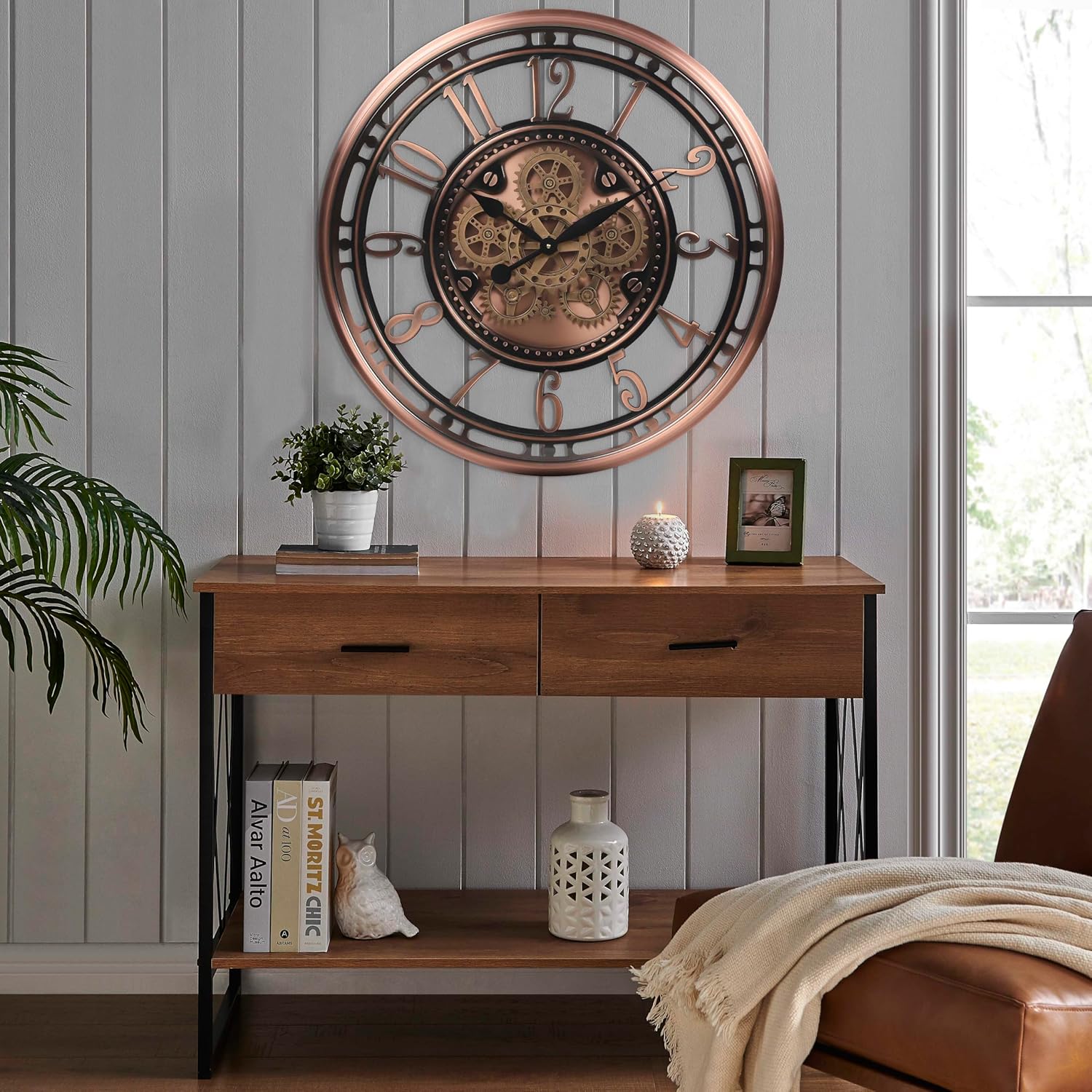 CLXEAST 28 Inch Oversized Large Moving Gear Wall Clock for Living Room Decor, Modern Farmhouse Decorative Wall Clocks Battery Operated,Rose Gold,House Warming Gifts New Home
