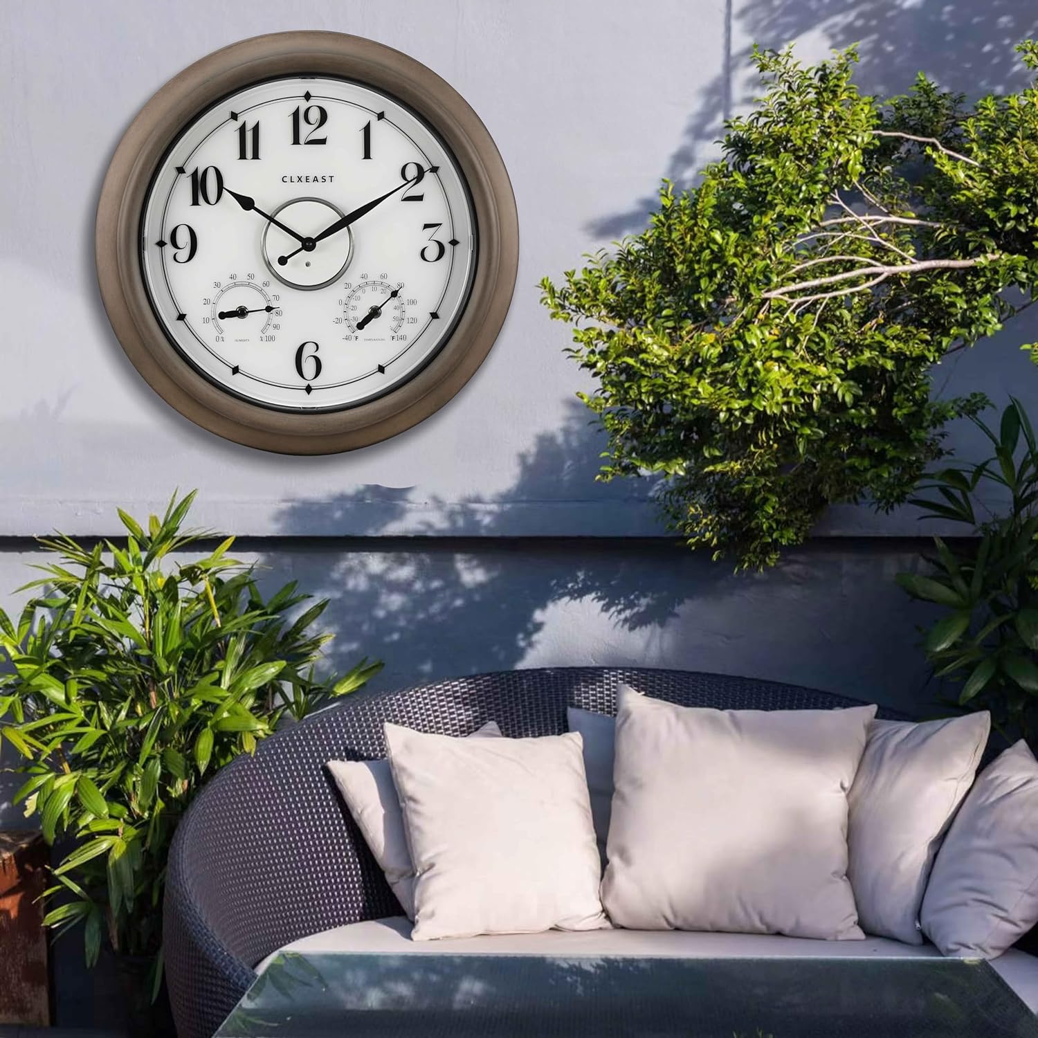 CLXEAST Illuminated Outdoor Clocks Waterproof 18 Inch with Smart Sensor,Large Outdoor Pool Clock with Temperature & Hygrometer,Grey Oak/Faux Barnwood,Gifts for Women