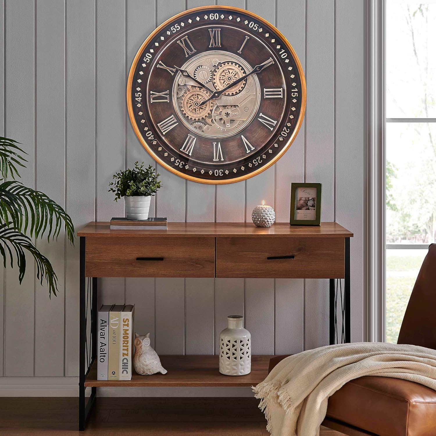 CLXEAST Mid Century Minimalist Modern Wall Clocks,24 Inch Wall Clock with Moving Gears, Large Cream Gold Wall Clocks for Living Room Decor,House Warming Gifts New Home