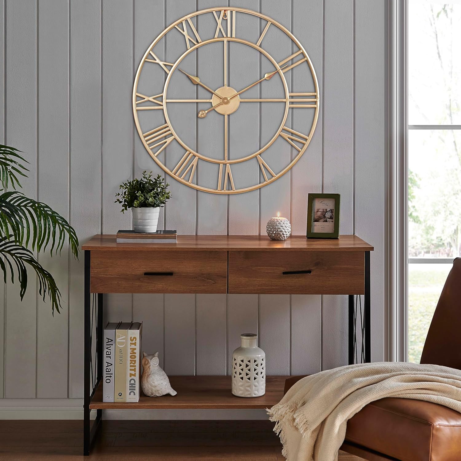 CLXEAST 30 Inch Wall Clock,Large Champagne Gold Metal Roman Numeral Wall Clock, Modern Wall Clocks for Living Room Decor
