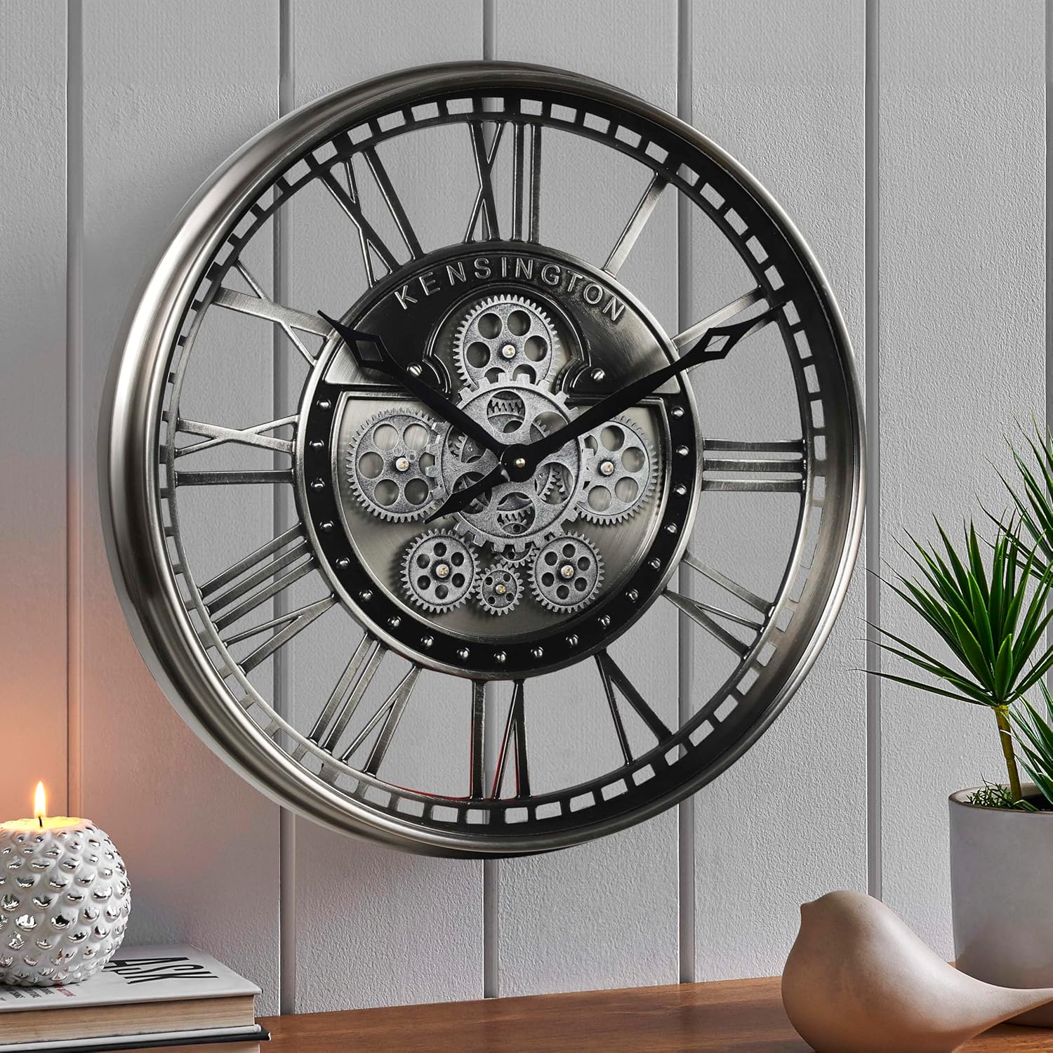 CLXEAST Modern Moving Gears Wall Clock for Living Room Decor,Industrial Steampunk Clocks for Farmhouse Home Decor,Roman Numerals,Gunmetal Nickel (21 Inch)