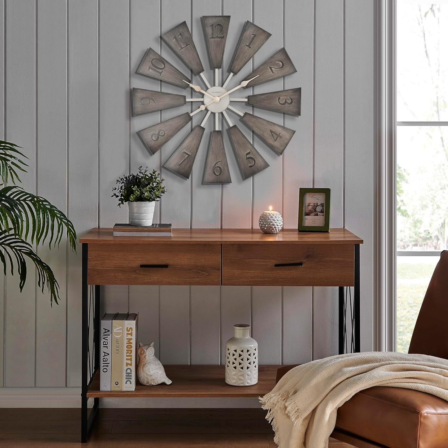 CLXEAST 30 Inch Large Farmhouse DIY Windmill Decor Wall Clock, Adjustable Size 24"/26"/28"/30"/32", 24 Inch Wall Clock for Living Room Decor,Wall Art Decor, Galvanized Plastic