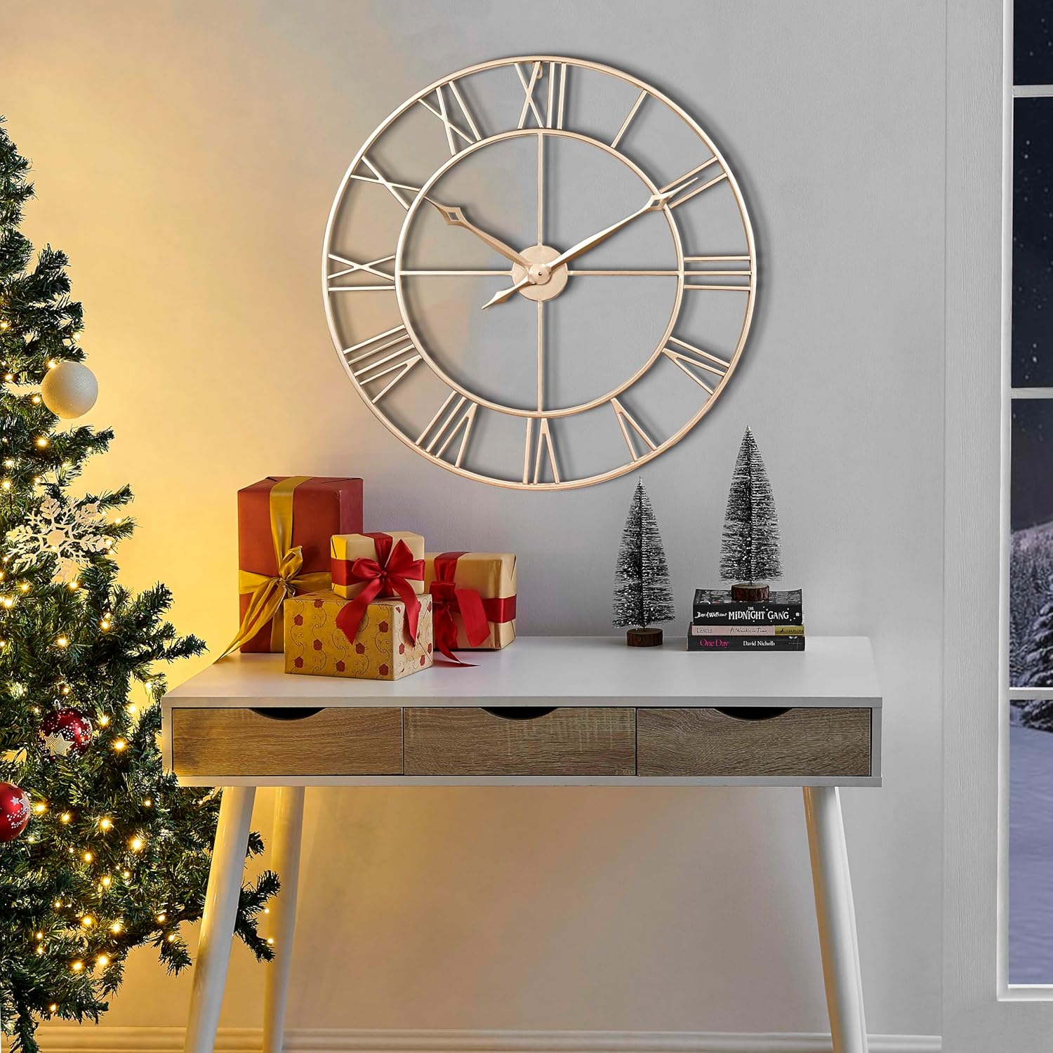 CLXEAST 30 Inch Wall Clock,Large Champagne Gold Metal Roman Numeral Wall Clock, Modern Wall Clocks for Living Room Decor