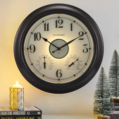 CLXEAST Illuminated Indoor Outdoor Clocks Waterproof 18 inch with Smart Sensor,Large Wall Clock with Thermometer & Hygrometer,Oil Rubbed Bronze Black,Gifts for Women