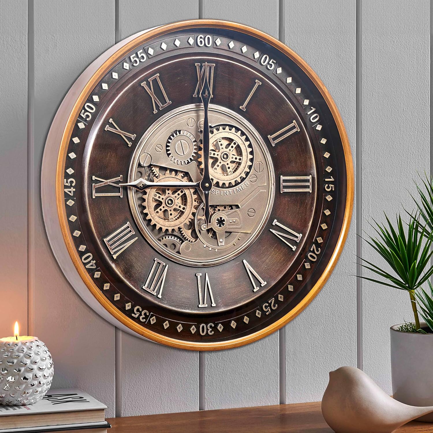 CLXEAST Mid Century Minimalist Modern Wall Clocks,24 Inch Wall Clock with Moving Gears, Large Cream Gold Wall Clocks for Living Room Decor,House Warming Gifts New Home