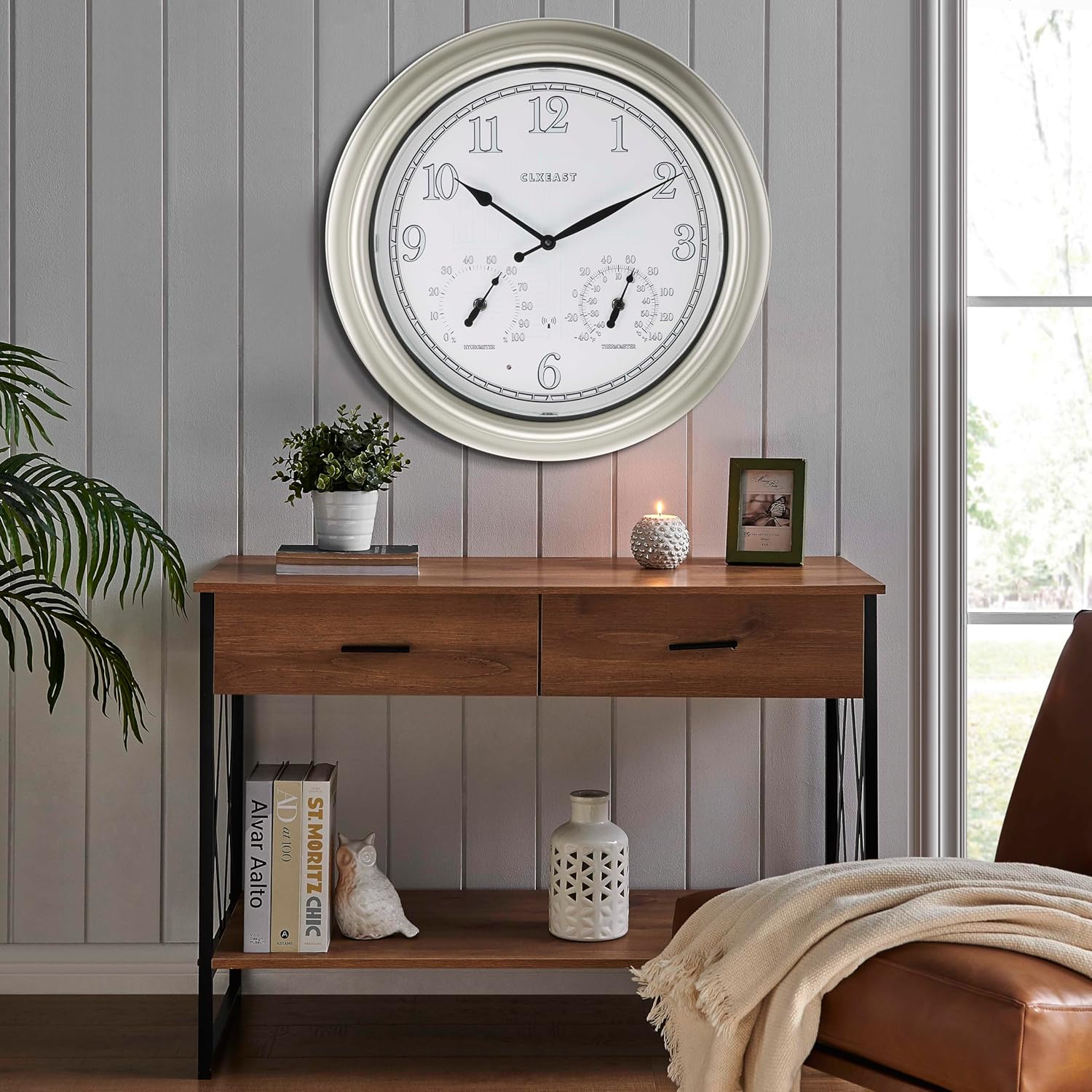 CLXEAST 18 Inch Illuminated Outdoor Indoor Atomic Analog Wall Clock with Temperature & Humidity, Lighted Outdoor Clocks for Patio Large Waterproof with Thermometer,Bronze Finish,House Warming Gifts