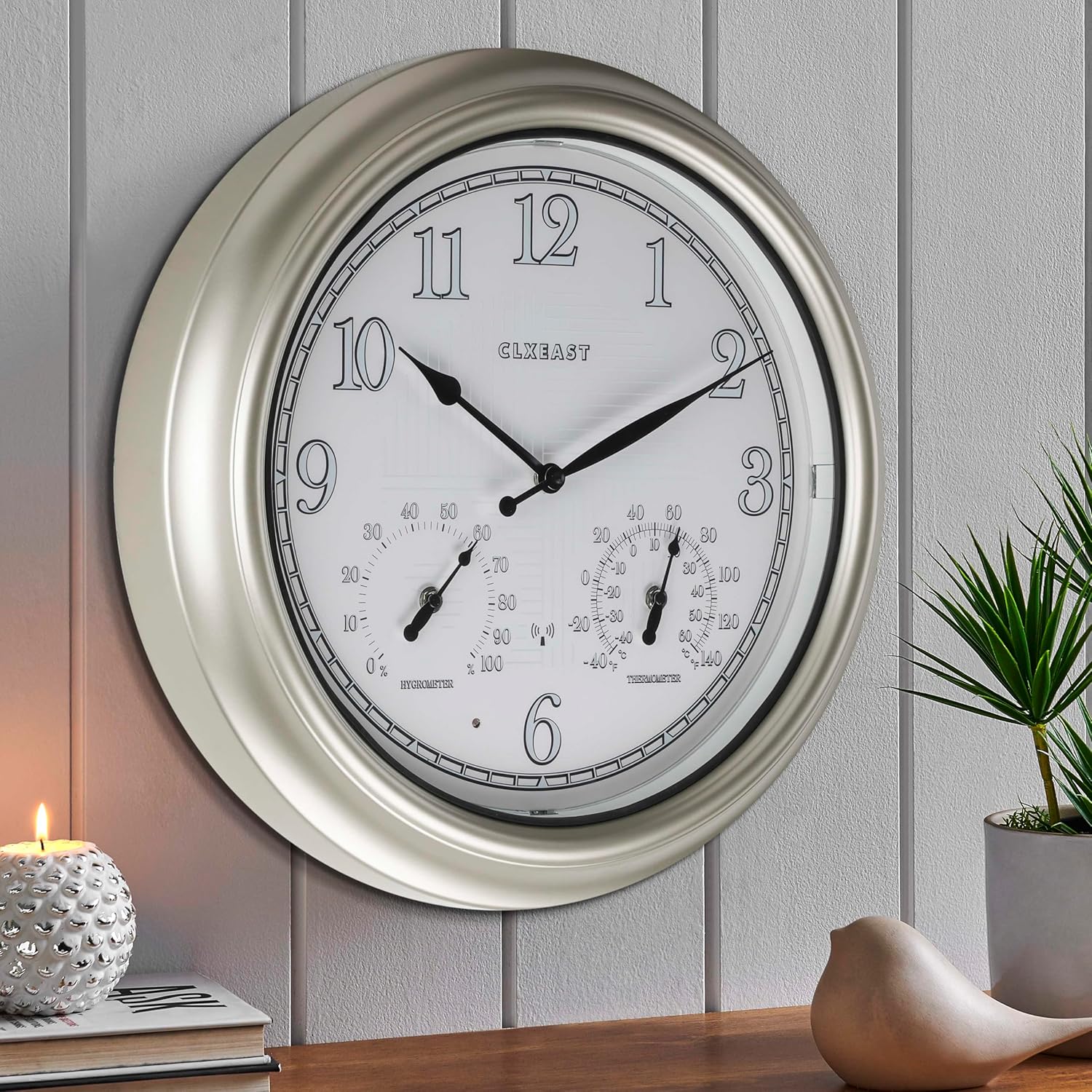 CLXEAST 18 Inch Illuminated Outdoor Indoor Atomic Analog Wall Clock with Temperature & Humidity, Lighted Outdoor Clocks for Patio Large Waterproof with Thermometer,Bronze Finish,House Warming Gifts