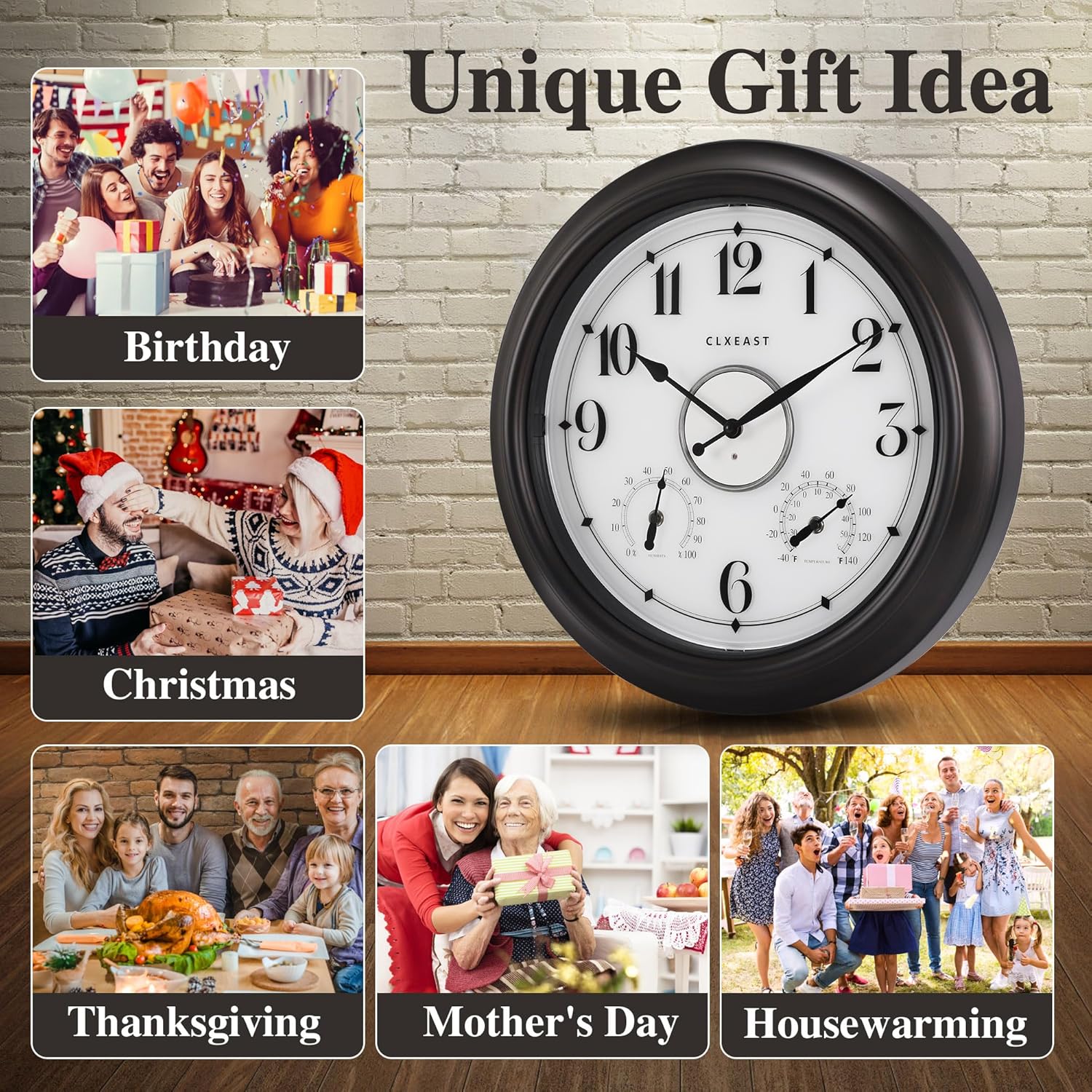 CLXEAST Illuminated Indoor Outdoor Clocks Waterproof 18 inch with Smart Sensor,Large Wall Clock with Thermometer & Hygrometer,Oil Rubbed Bronze Black,Gifts for Women