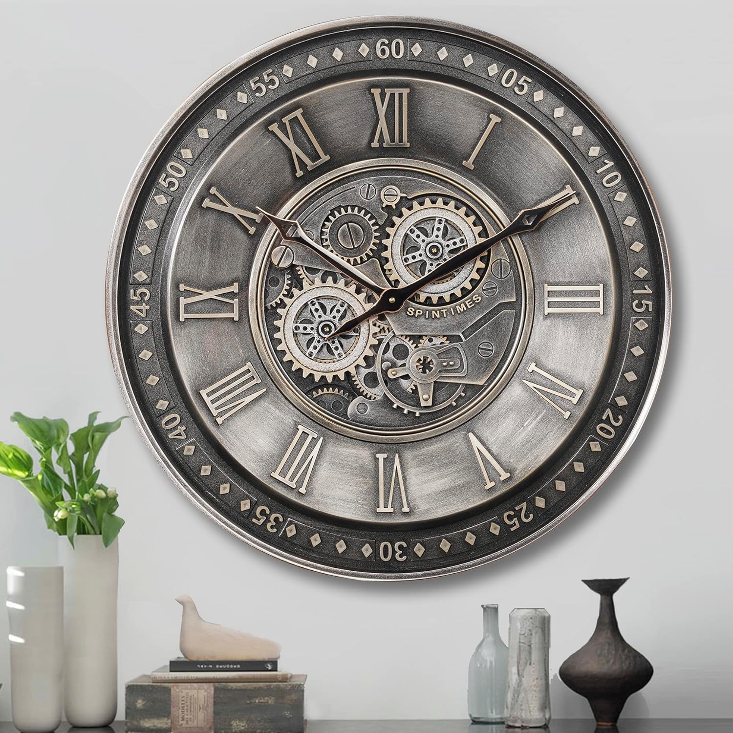 CLXEAST Mid Century Minimalist Modern Wall Clocks,24 Inch Wall Clock with Moving Gears, Large Cream Gold Wall Clocks for Living Room Decor,House Warming Gifts New Home