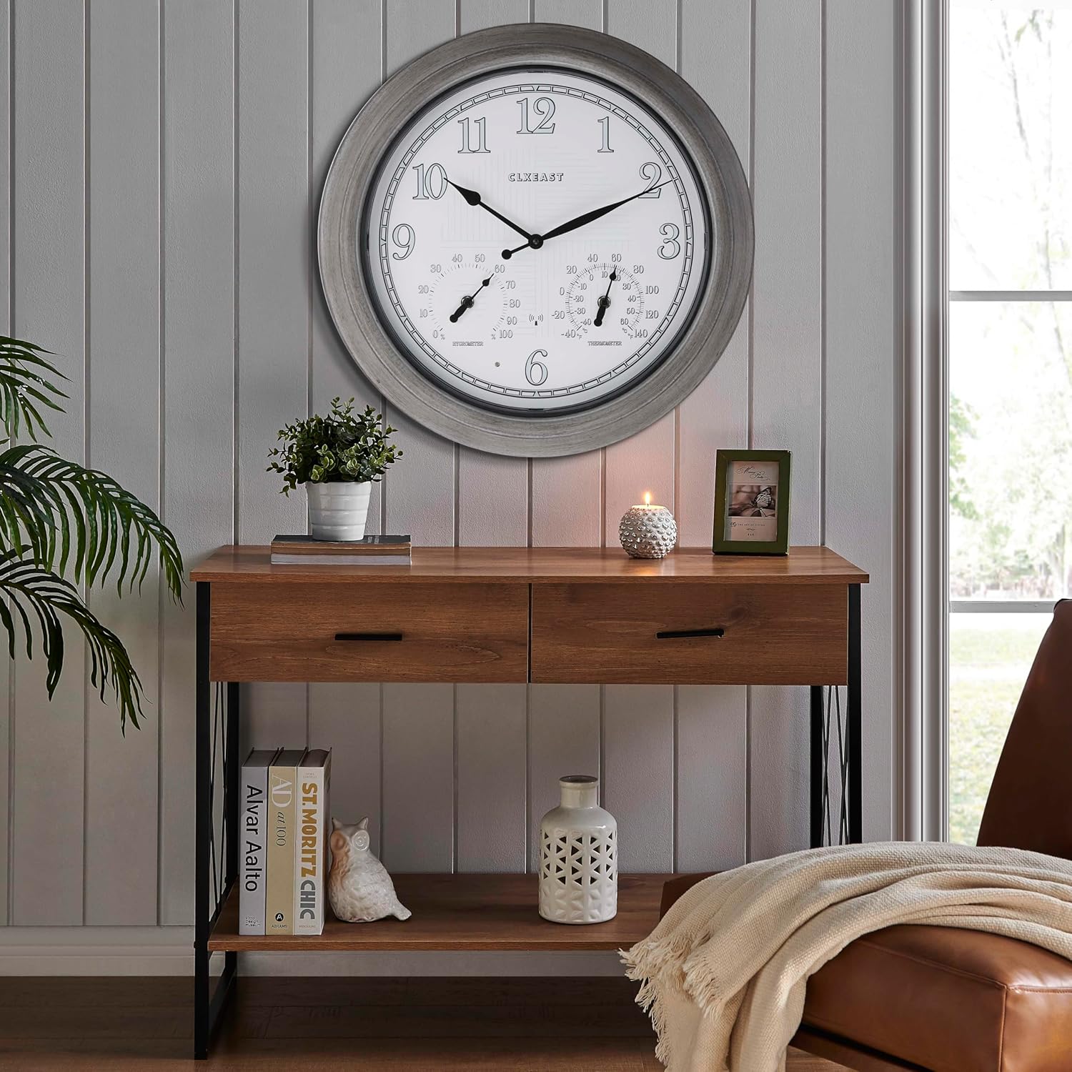 CLXEAST 18 Inch Illuminated Outdoor Indoor Atomic Analog Wall Clock with Temperature & Humidity, Lighted Outdoor Clocks for Patio Large Waterproof with Thermometer,Bronze Finish,House Warming Gifts