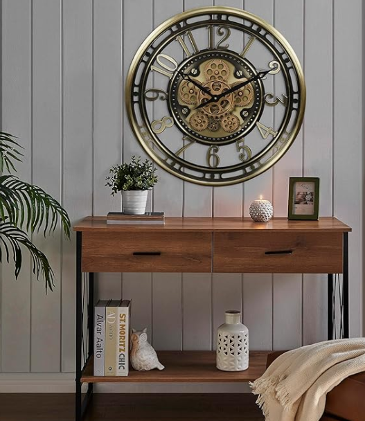 CLXEAST 28 Inch Oversized Large Moving Gear Wall Clock for Living Room Decor, Modern Farmhouse Decorative Wall Clocks Battery Operated,Rose Gold,House Warming Gifts New Home