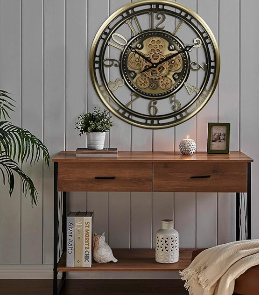 CLXEAST 28 Inch Oversized Large Moving Gear Wall Clock for Living Room Decor, Modern Farmhouse Decorative Wall Clocks Battery Operated,Rose Gold,House Warming Gifts New Home