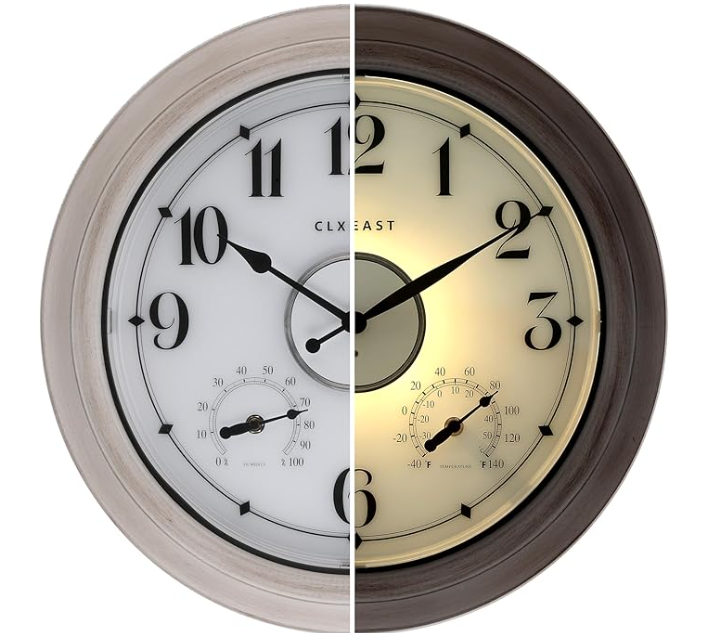 CLXEAST Illuminated Indoor Outdoor Clocks Waterproof 18 inch with Smart Sensor,Large Wall Clock with Thermometer & Hygrometer,Oil Rubbed Bronze Black,Gifts for Women