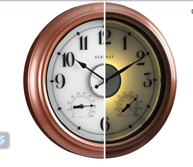CLXEAST Illuminated Outdoor Clocks Waterproof 18 Inch with Smart Sensor,Large Outdoor Pool Clock with Temperature & Hygrometer,Grey Oak/Faux Barnwood,Gifts for Women